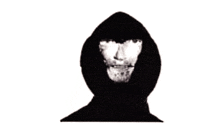 a black and white drawing of a person wearing a black hood