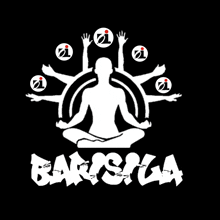 a black background with a silhouette of a person in a lotus position and the word baryspla