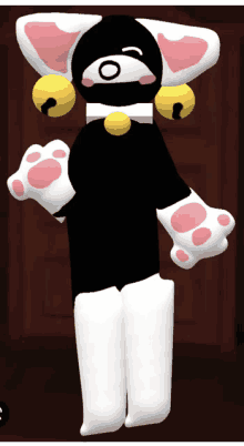 a black and white cartoon character with pink paws and bells