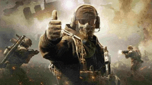 a soldier in a mask is giving a thumbs up while holding a gun in a video game .