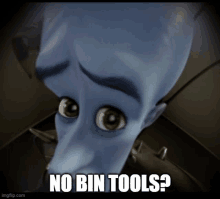 a cartoon character says " no bin tools " in front of a trash can