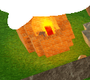 a brick building with a fire burning inside of it is sitting on top of a lush green field .