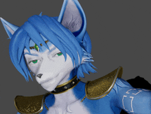 a 3d rendering of a furry character with blue hair and green eyes