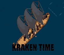 a computer generated image of a boat with the words kraken time written on the bottom