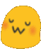 a yellow smiley face with a blush on its cheeks and a smirk on its face .