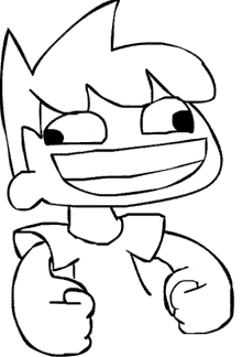 a black and white drawing of a cartoon character smiling and giving a thumbs up