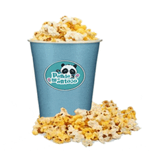 a blue cup filled with popcorn has a panda on the label