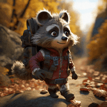 a raccoon wearing a red jacket and a backpack