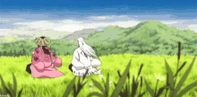 two anime characters are sitting in a grassy field