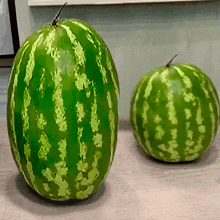 two watermelons are sitting on a wooden table