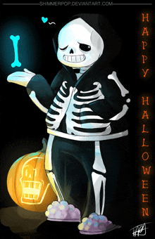 a drawing of a skeleton holding a pumpkin with the words happy halloween on the bottom