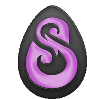 a black egg with a purple letter s in the center