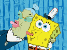 a cartoon of spongebob and sandy cheeks making a face