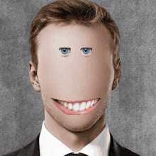 a man with a smiley face on his face has blue eyes