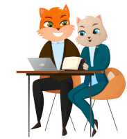 a man and a woman with fox heads sit at a table with a laptop