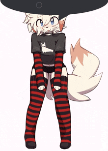 a furry character wearing striped socks and a black shirt with a white cat on it