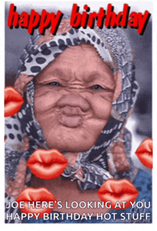 a birthday card with a woman wearing a scarf and red lips