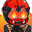 a cartoon character wearing a red helmet and glasses with flames coming out of his eyes .