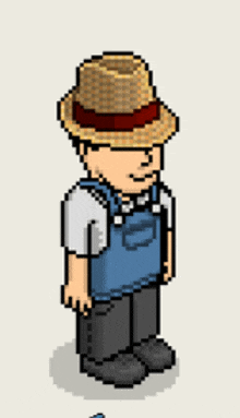 a pixel art character wearing overalls and a straw hat