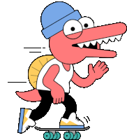 a cartoon drawing of a dinosaur wearing a blue hat and riding a skateboard