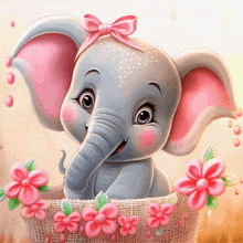 a baby elephant with pink ears is sitting in a basket with pink flowers