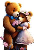 a couple of teddy bears standing next to each other one holding a bouquet of pink roses