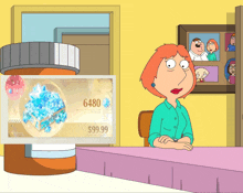 a cartoon of lois griffin sitting at a table in front of a bottle that says ' 6480 ' on it