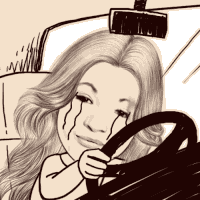 a drawing of a woman driving a car with tears running down her face