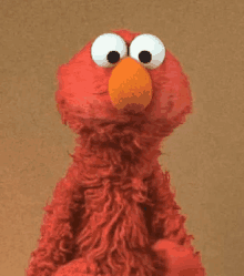 elmo from sesame street is standing in front of a brown wall and making a funny face .