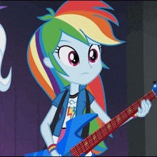 rainbow dash from my little pony equestria girls is playing a blue guitar