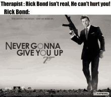 a poster for the movie never gonna give you up shows a man in a suit holding a gun