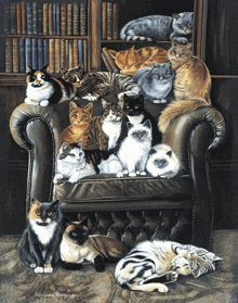 a group of cats are sitting on a chair in a painting by robynna fisher