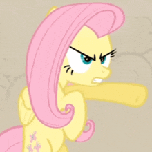 a cartoon pony with pink hair and blue eyes is giving a punch