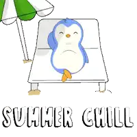 a penguin is laying on a beach chair under an umbrella with the words summer chill written on the bottom