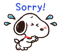 a cartoon of snoopy saying sorry in blue letters