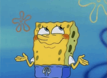 a cartoon of spongebob squarepants making a funny face with his hands outstretched .