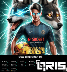 a man holding a soccer ball in front of two wolves with sbobet written on the front