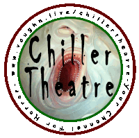 a logo for the chiller theatre shows a monster