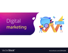 a banner for digital marketing with people standing around a giant letter m