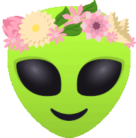 a green alien with a crown of pink flowers on its head