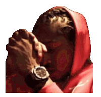 a man wearing a watch and a red hoodie prays