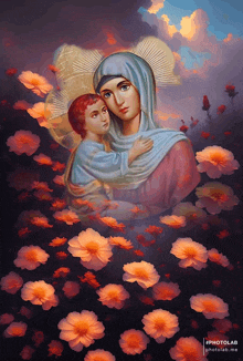 a painting of a woman holding a child surrounded by orange flowers