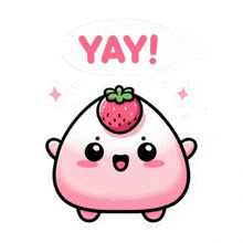 a pink cartoon character with a strawberry on its head and a speech bubble that says yay !