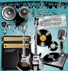 a set of rock music equipment including guitars , speakers , records , a turntable , and a microphone .