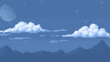 a pixel art illustration of a night sky with clouds and a full moon .