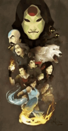 a painting of avatar the last airbender characters with a green mask