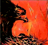 a painting of a bird sitting in a nest with a red background