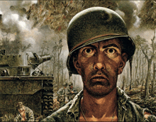 a painting of a soldier with a helmet and a tank in the background