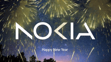 a nokia logo with fireworks behind it