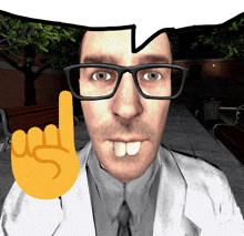 a man wearing glasses and a white coat has a yellow hand pointing up